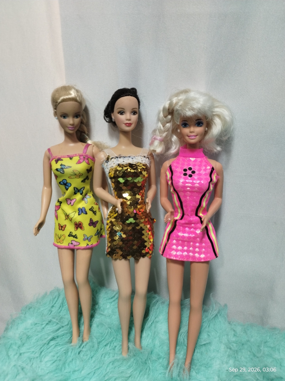 Barbie Dolls Lot with Yellow Butterfly, Gold Sequin & Hot Pink Dresses